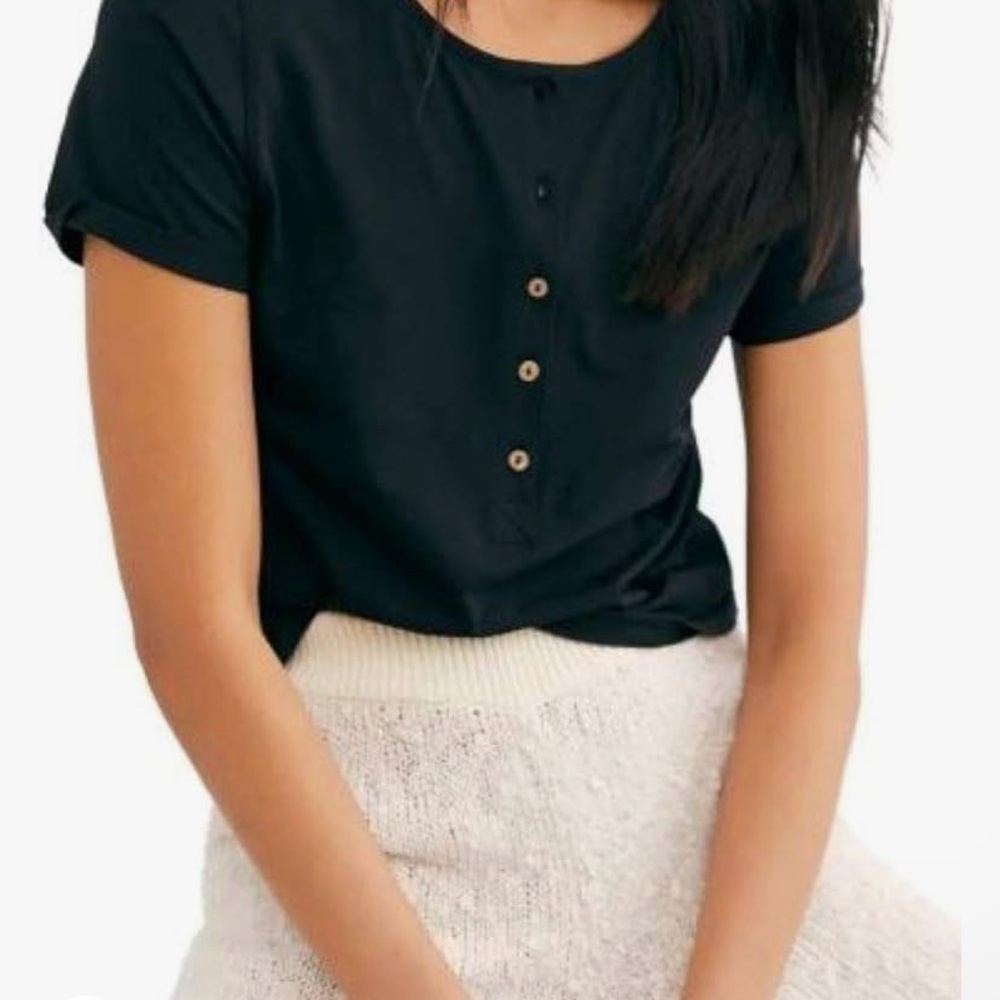 Free People What’s Up Black Button Down Henley Crop Top w Rolled Sleeves